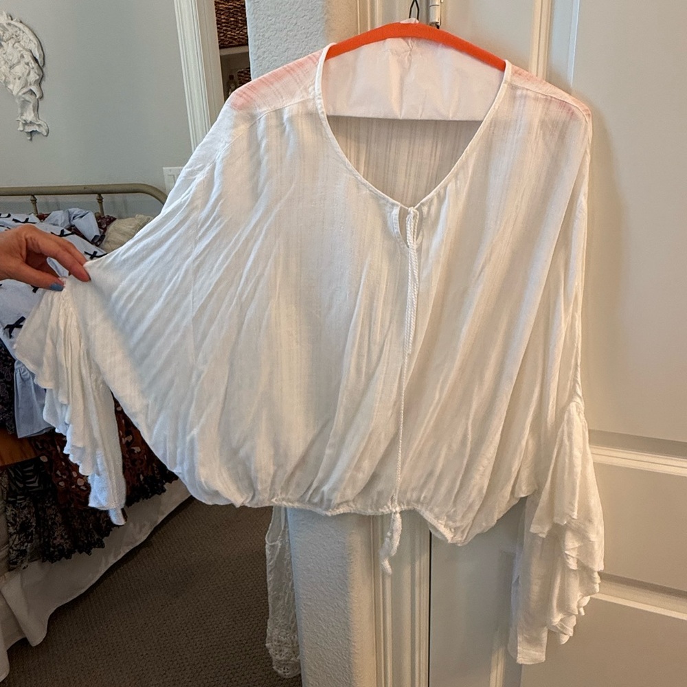 Elan Cream Flowy Blouse with Tie Front